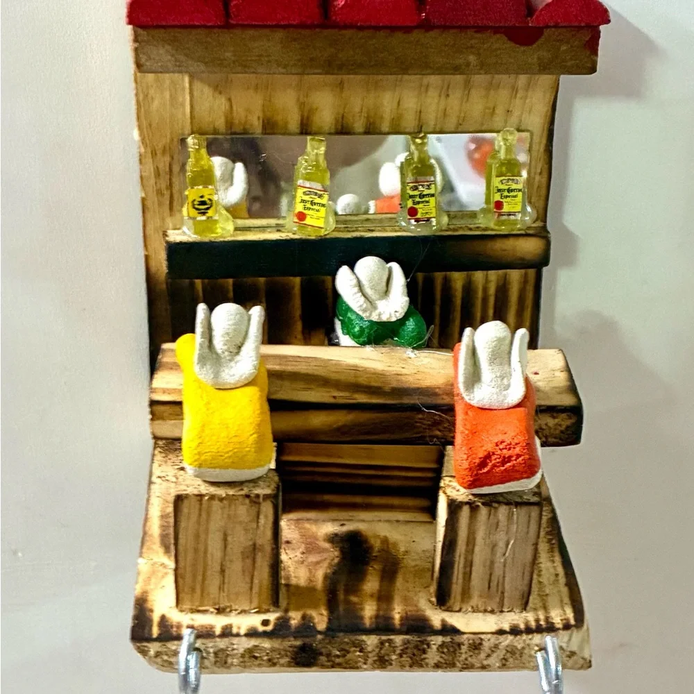 Rustic Mini Bar Wall Keyholder Decor with Yellow, Orange & Green Figures